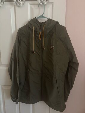 L.L. Bean Olive Green Hooded Windbreaker with Yellow Drawcords